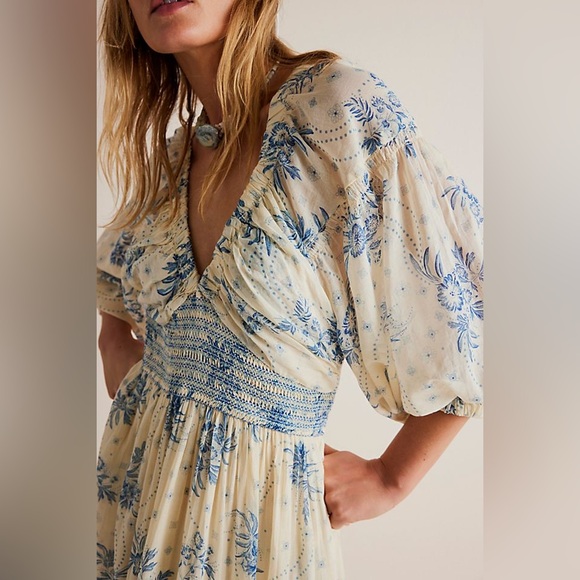 FREE PEOPLE Golden Hour Maxi Dress Blue Cream Cotton Boho Size Medium - Picture 6 of 15